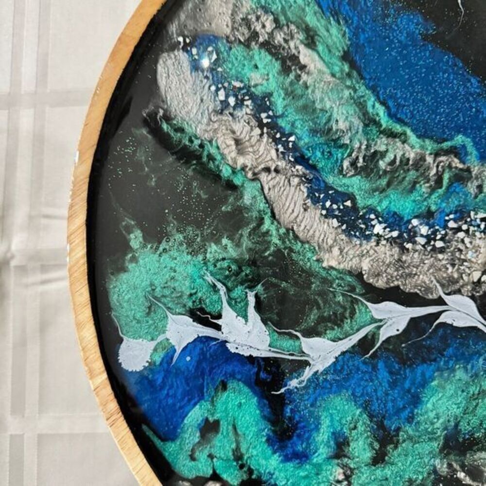 Stunning 21" Handpainted Lazy Susan Abstract Ocean Art Blue White Centerpiece - Picture 4 of 7